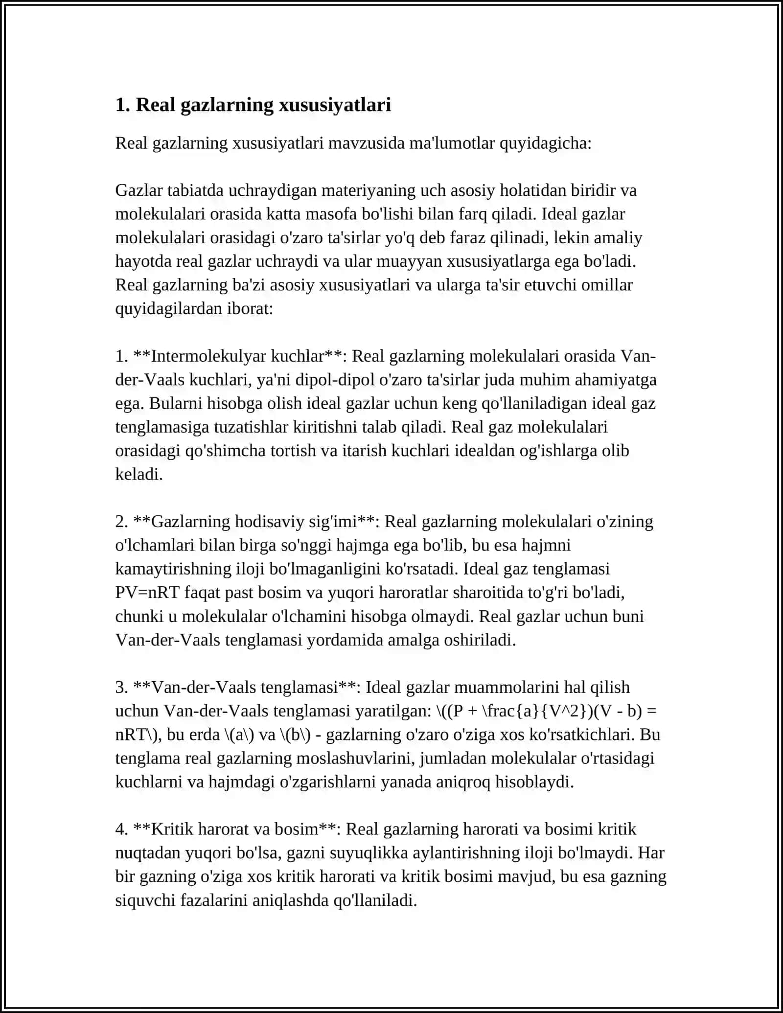 REAL GAZLAR.VAN DER WAALS TENGLAMASI FAZOVIY OTISH.FAZOLAR VA FAZOVIY OTISHLAR 3