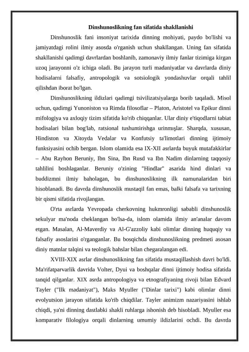Dinshunoslikning fan sifatida shakllanishi predmeti funksiyalari kategoriyasi 3