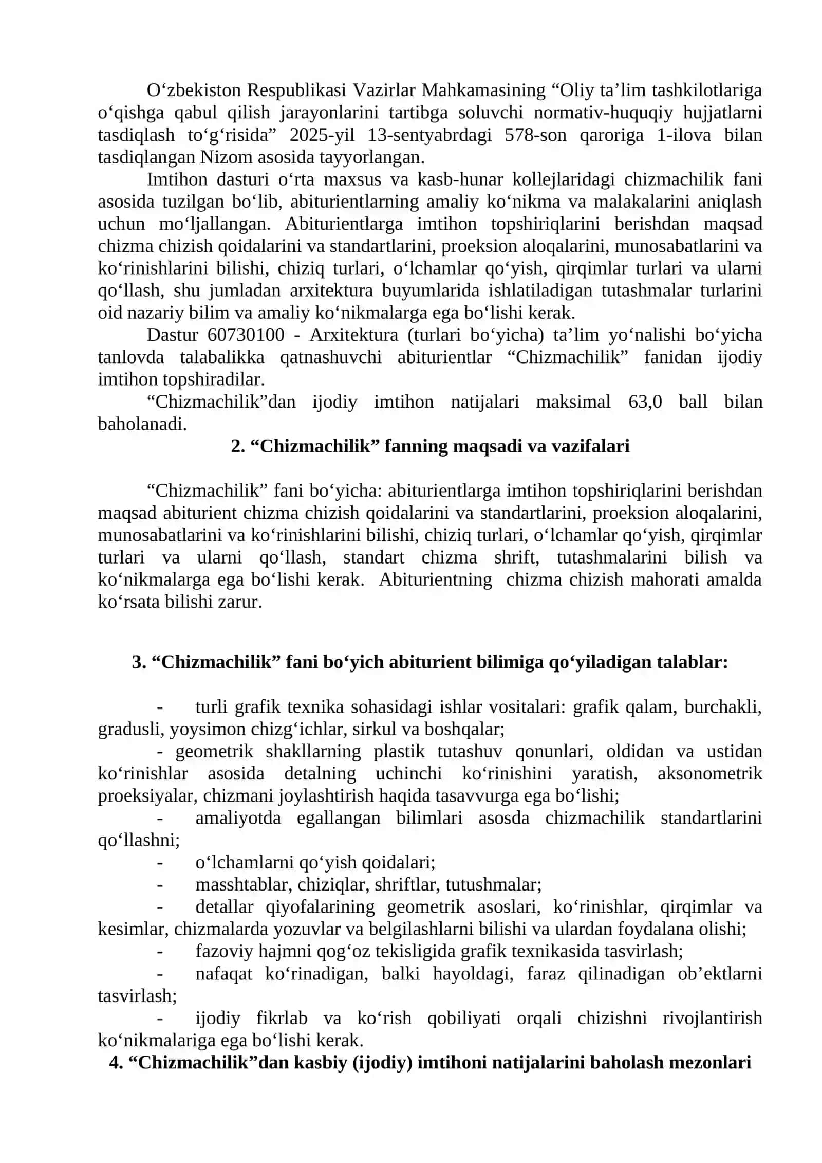 Chizmachilik Arxitektura Baholash mezoni 2026 yil Ijodiy imtihon 3
