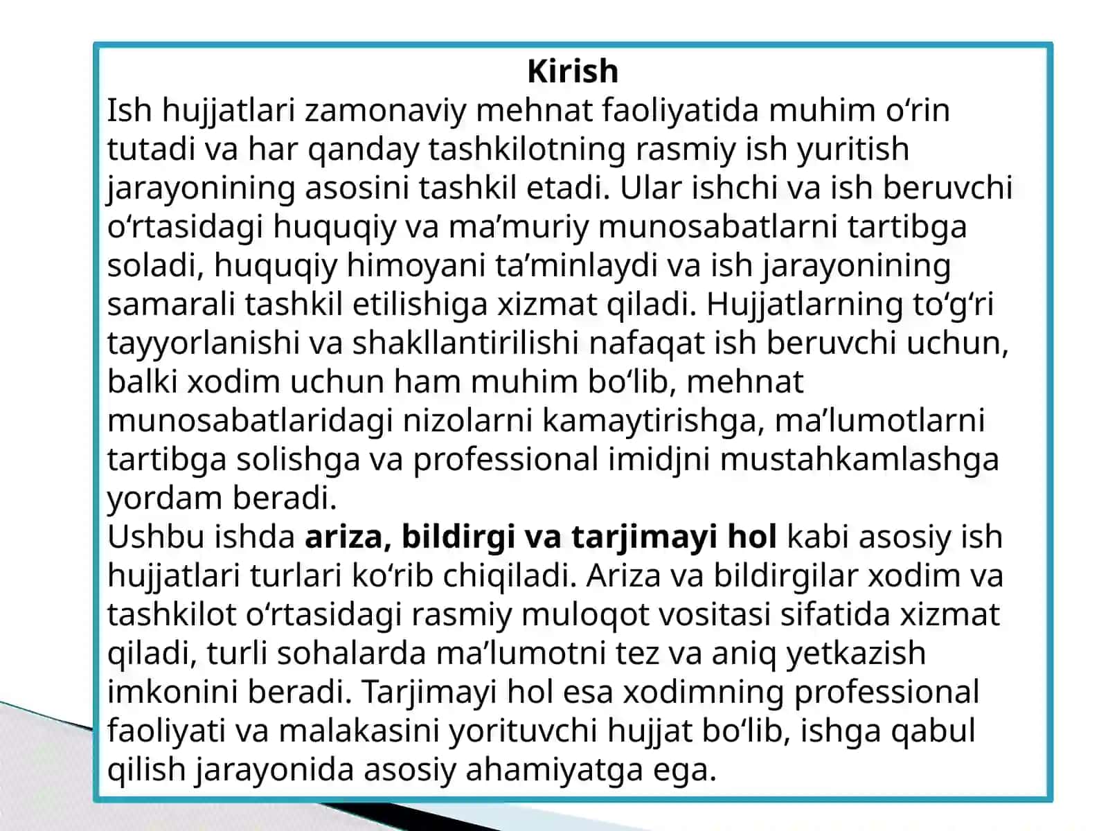 Ish hujjatlari namunalarini yaratish (ariza, bildirgi, tarjimayi hol). 3