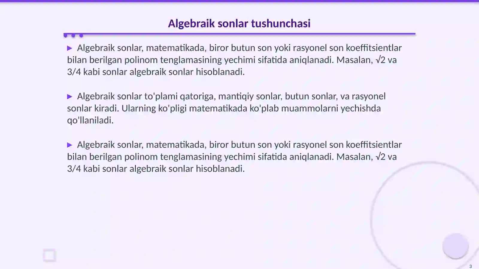 Algebraik va transendent sonlar 3