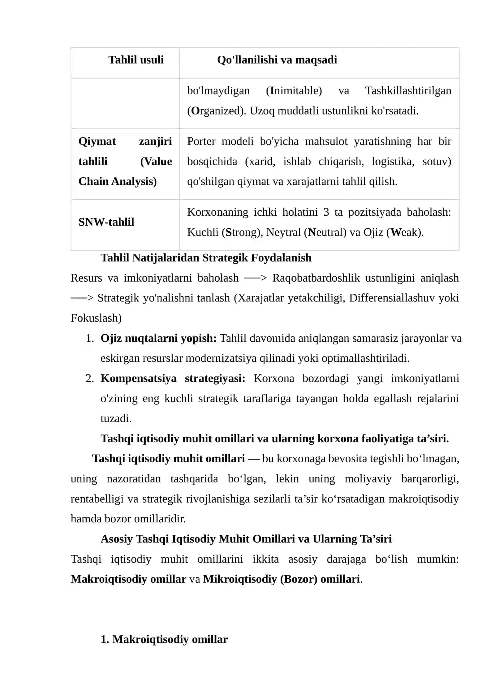 Korxonaning ichki imkoniyatlari va strategik salohiyatini baholash 3