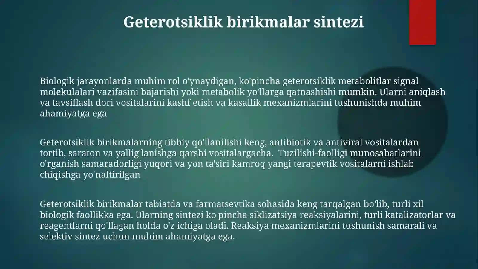 Geterotsiklik birikmalar, metobolitlar va ular dorivor modda sifatida Diyorbek 3