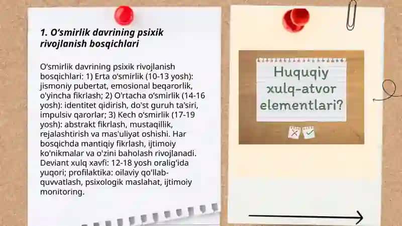 O`smirlik davrida psixik rivojlanish xususiyatlari.Deviant xulq-atvor psixalogiyasi 3