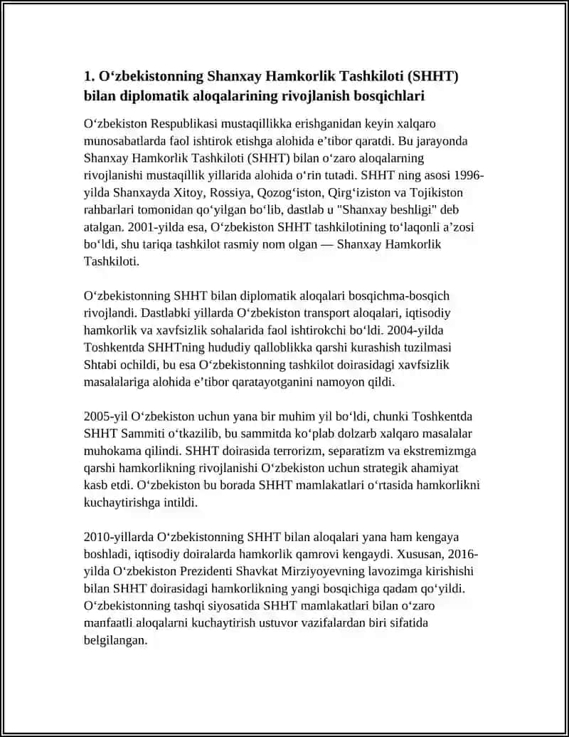 MUSTAQILLIK YILLARIDA SHANXAY HAMKORLIK TASHKILOTI BILAN ALOQALAR 3