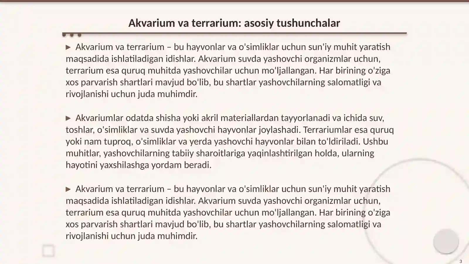 Akvarium va terrariumda yashovchilari parvarishlashning shart sharoitlarni oʻrganish 3