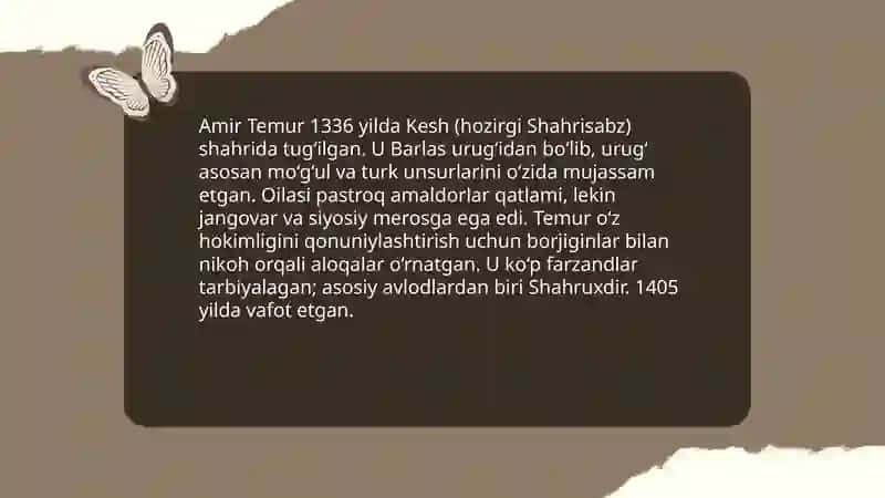 Amir Temur buyuk arbobi mavzusida taqdimot tayyorlash 3