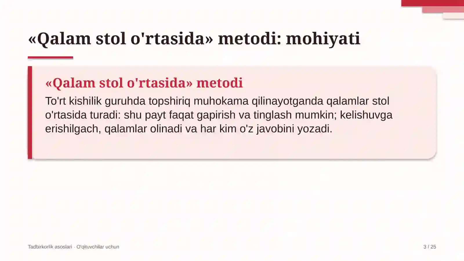 tadbirkorlik asoslari darslarida qalam stol o'rtasida metodidan foydalanish 1034 3