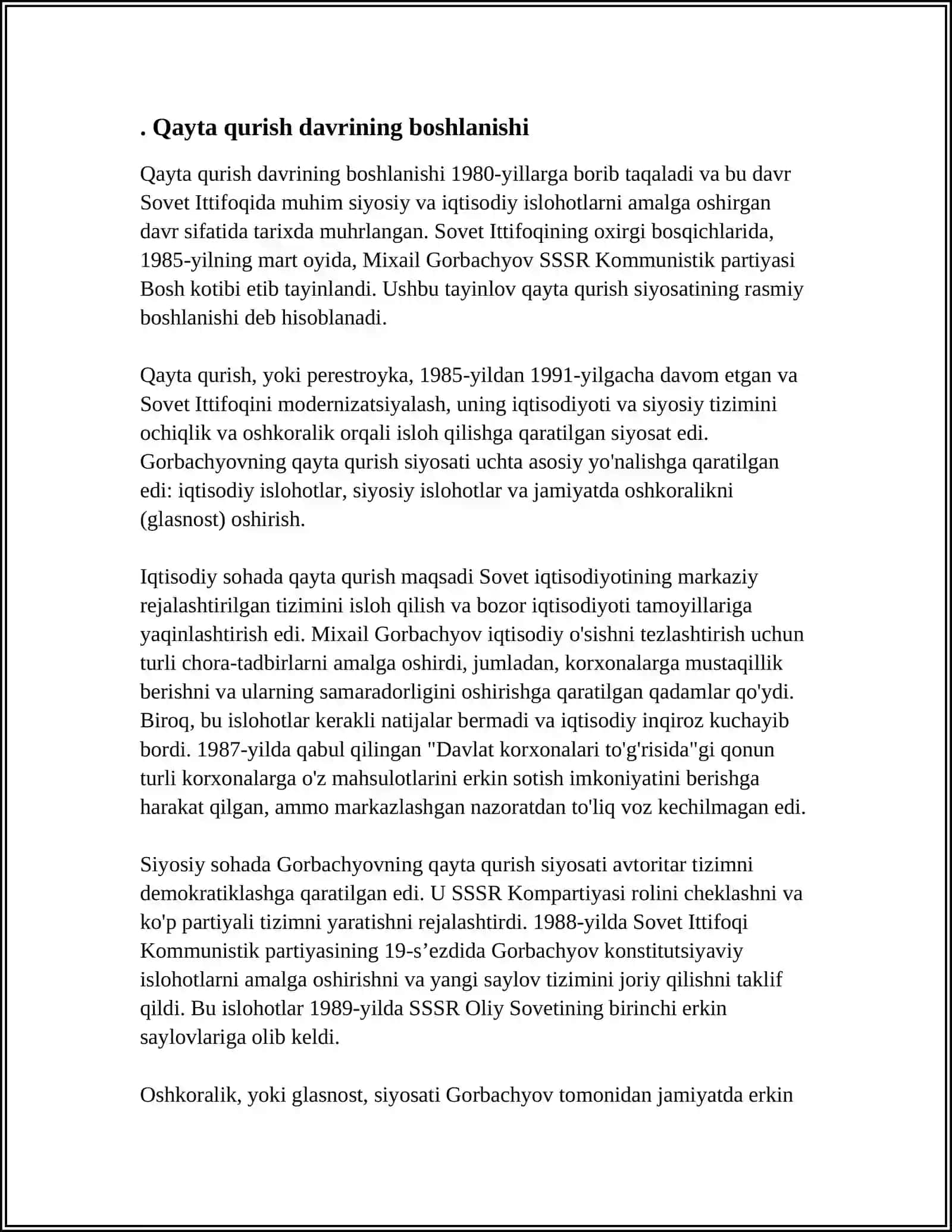 O'ZBEKISTONDAGI "QAYTA QURISH" DAVRI: IJTIMOIY-SIYOSIY O'ZGARISHLAR 3