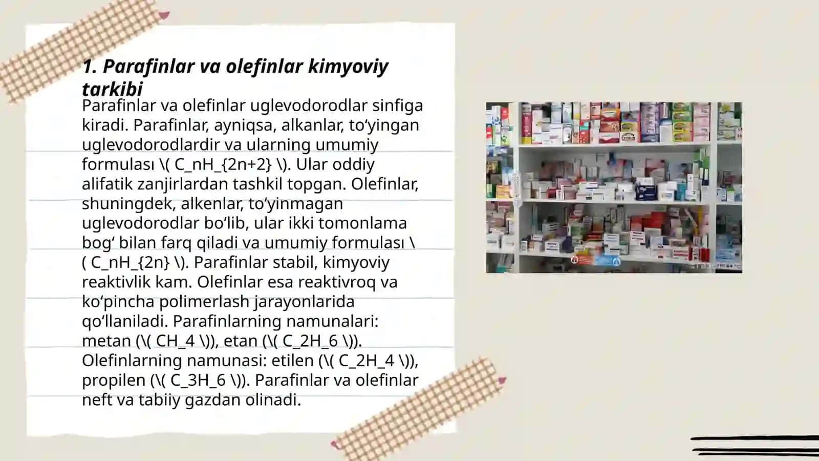 Parafinlar, olefinlar asosida olinadigan dori preparatlari 3