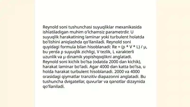 Suyuqliklarning xarakati jarayonidagi bosim yo'qolishida Reynold sonining axamiyati 3