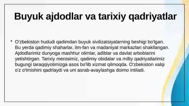 Erkin va farovon, demokratik O'zbekiston davlatini birgalikda barpo   etamiz.  O'zbekiston o'tmishi ham, kelajagi ham buyuk davlat. 3