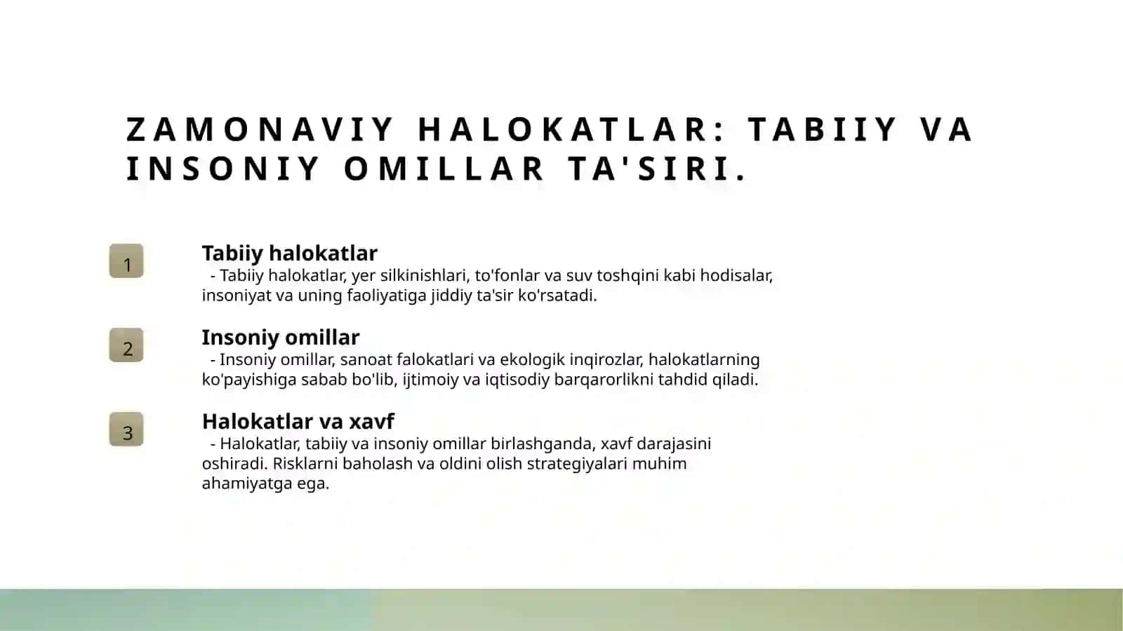 Halokatlar, ekstremal va favqulodda vaziyatlar to'g'risida zamonaviy tushunchalar 3