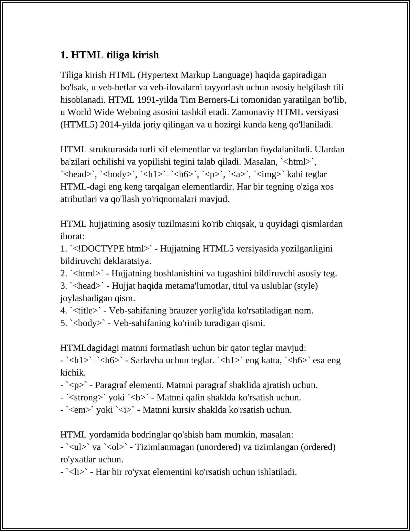 Mavzu: HTML TILIGA KIRISH,UNING ASOSIY ELEMENTLARI. TEG TUSHUNCHASI 3