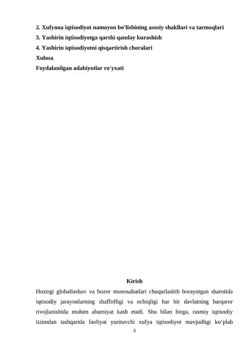 Iqtisodiyot tizimda xufya iqtisodiyotning o’rni va funktsiyalari mavzusida kurs ishi 3