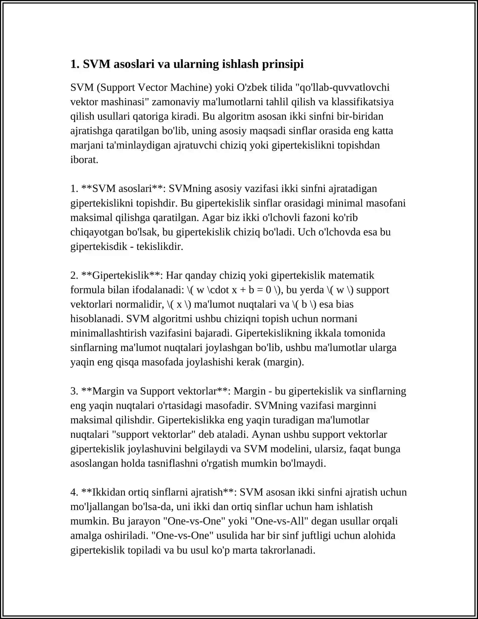 MUSTAQIL ISH Mavzu: SUPPORT VECTOR MACHINES (SVM): SVM ALGORITMI ASOSLARI VA QO'LLANILISHI 3
