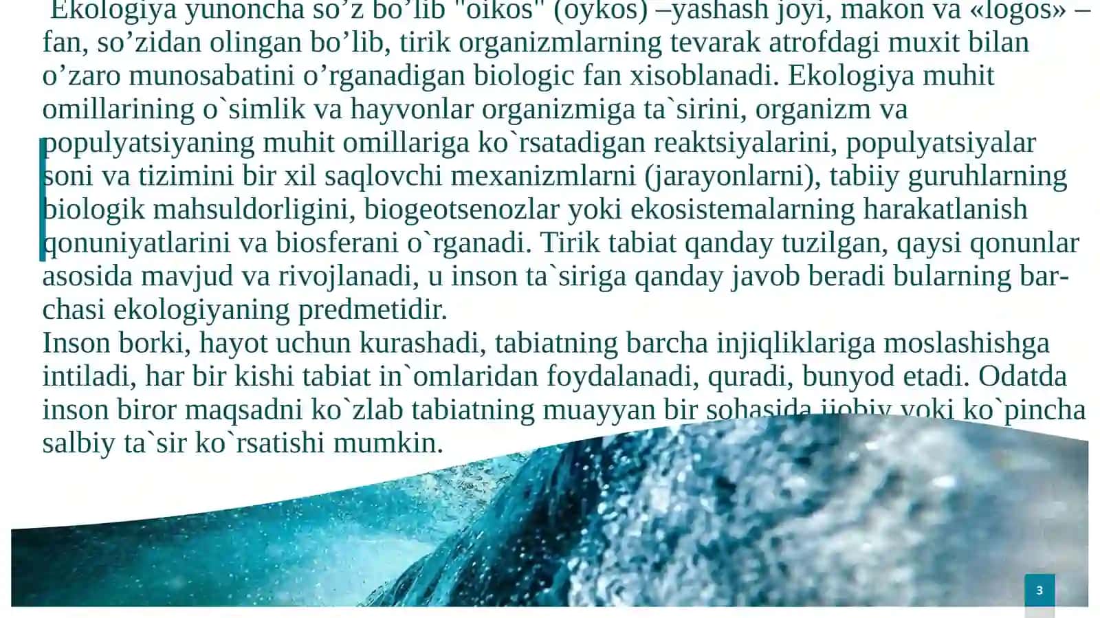 Ekologiyakursining maqsadi, vazifalari, tarixi. Tabiat va jamiyat o’rtasidagi munosabatlar. Populyatsiyalarekologiyasi 3