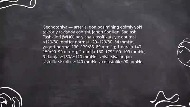 Geopotoniya kasalliklarininig jahon sogʻliqni saqlash tashkiloti boʻyicha va simptomlari bemorlarga birinchi yordam koʻrsatish (by Nazarova Feruza) 3
