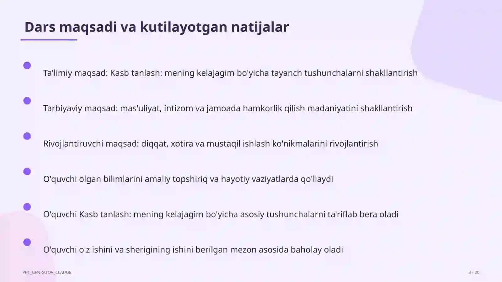Sinf soati va tarbiyaviy tadbirlar (1–11) — ochiq dars uchun 3
