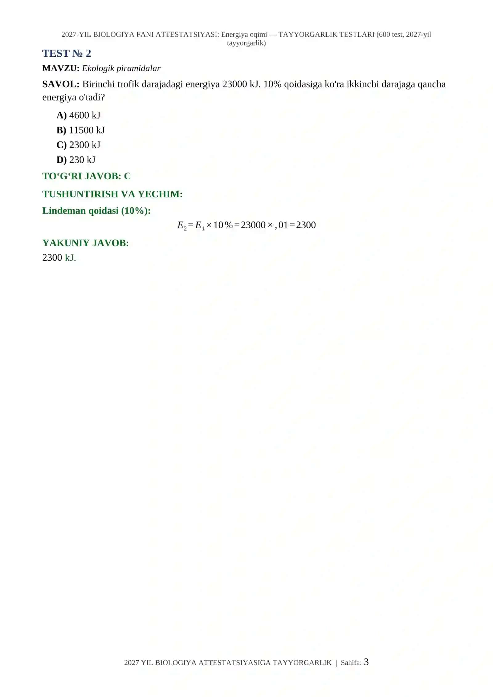 2027-YIL BIOLOGIYA FANI ATTESTATSIYASI: Energiya oqimi — TAYYORGARLIK TESTLARI (600 test, 2027-yil tayyorgarlik) 3