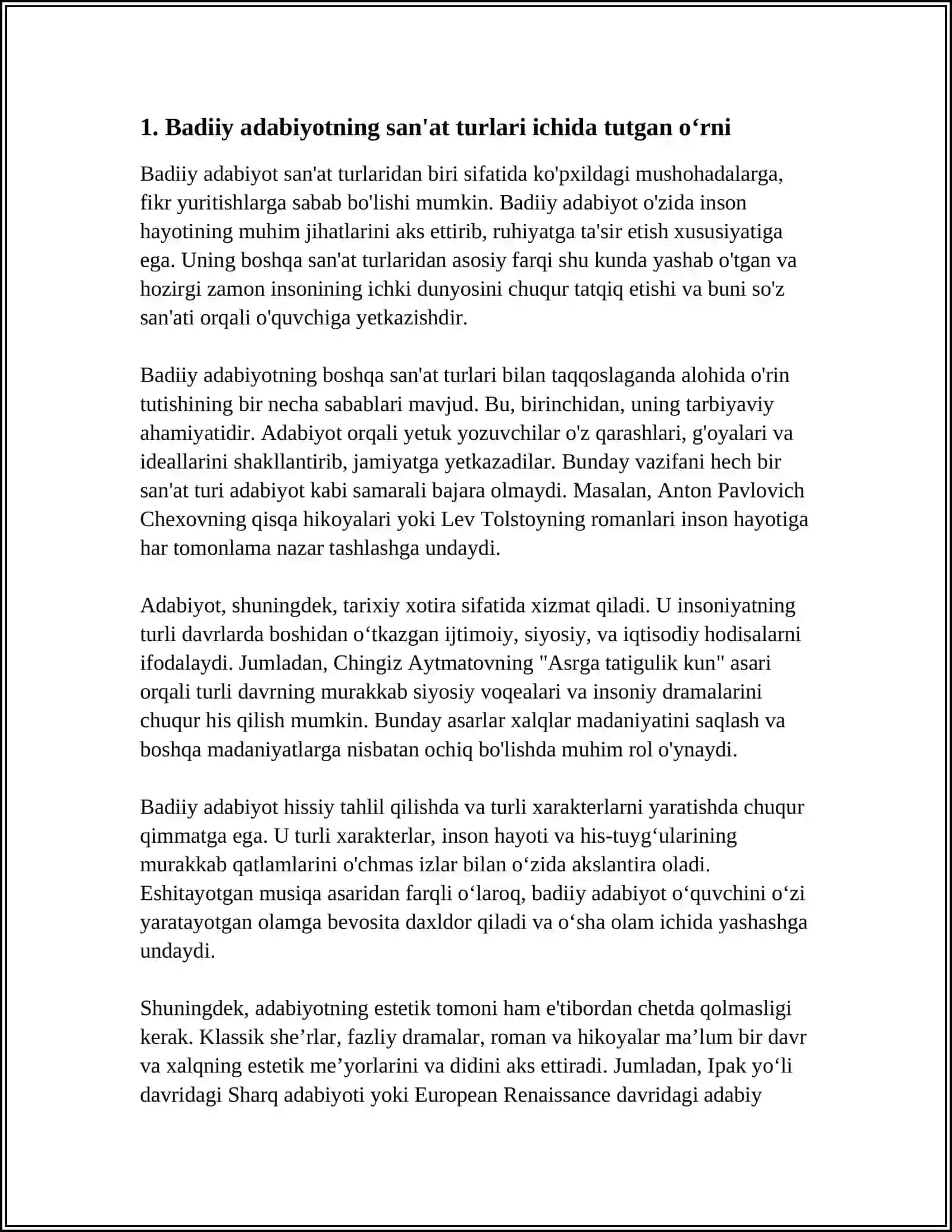 Badiiy adabiyotning san'at turlari orasidagi o'rn va o'ziga xosligi 3