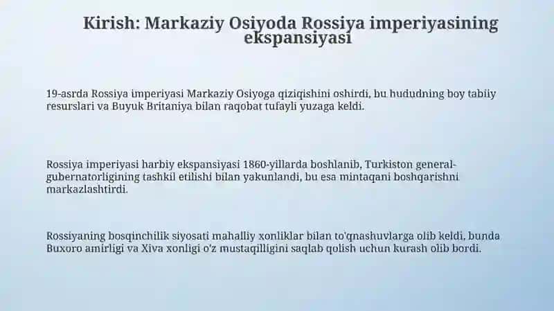 Buxoro amiriligi va Xiva xonligining Rossiy imperiyasi vassaliga aylanishi 3