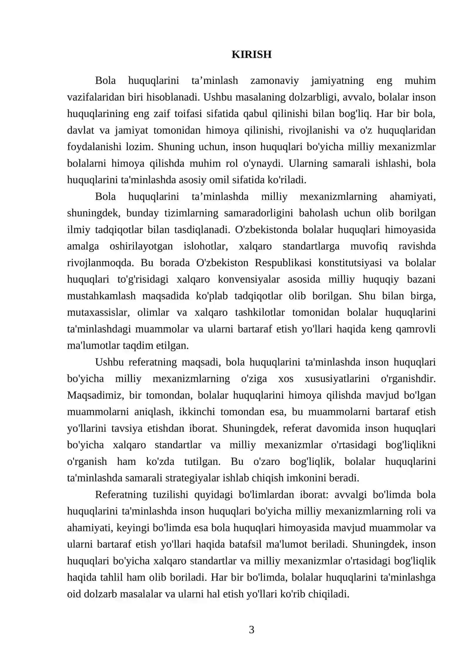 REFERAT "Bola huquqlarini taʼminlashda inson huquqlari boʻyicha milliy mexanizmning oʻziga xos xususiyatlari" 3
