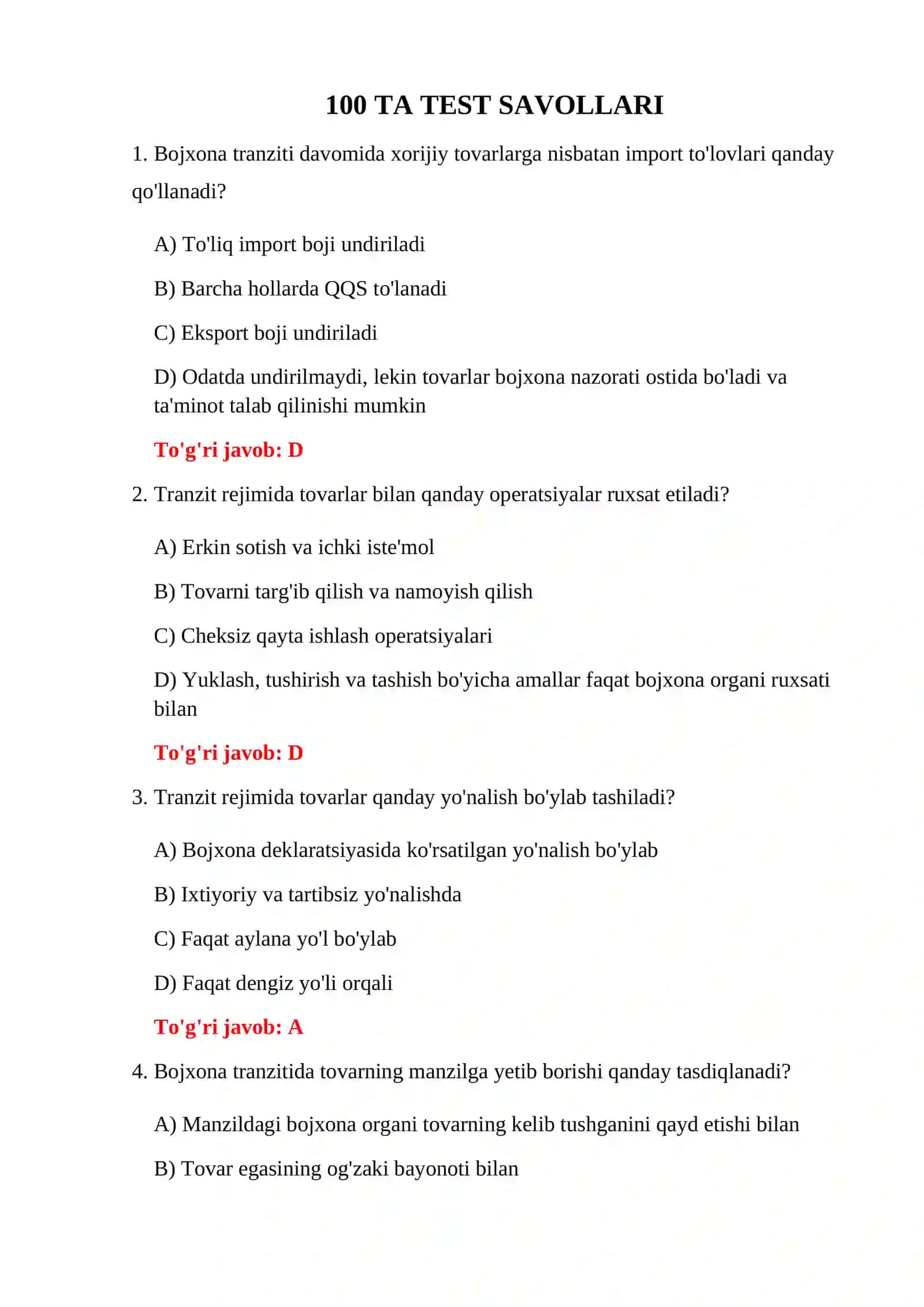 BOJXONA REJIMLARI BO'YICHA 100 TA TEST 3