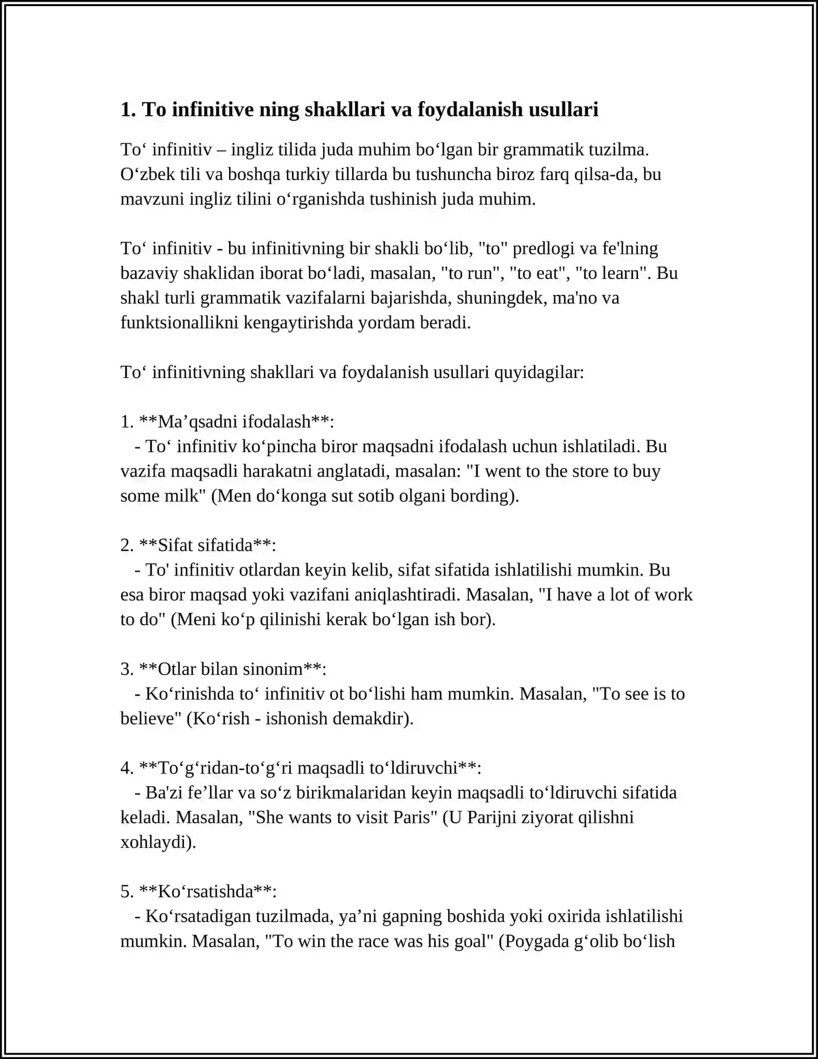 To infinitive ning shakllari va foydalanish usullari 3