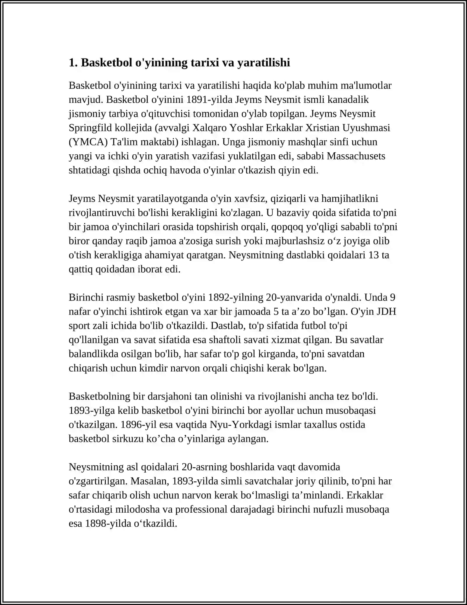 BASKETBOL OYNI HAQIDA UNING TARIXI VA O'YNASH SHARTLARI 3