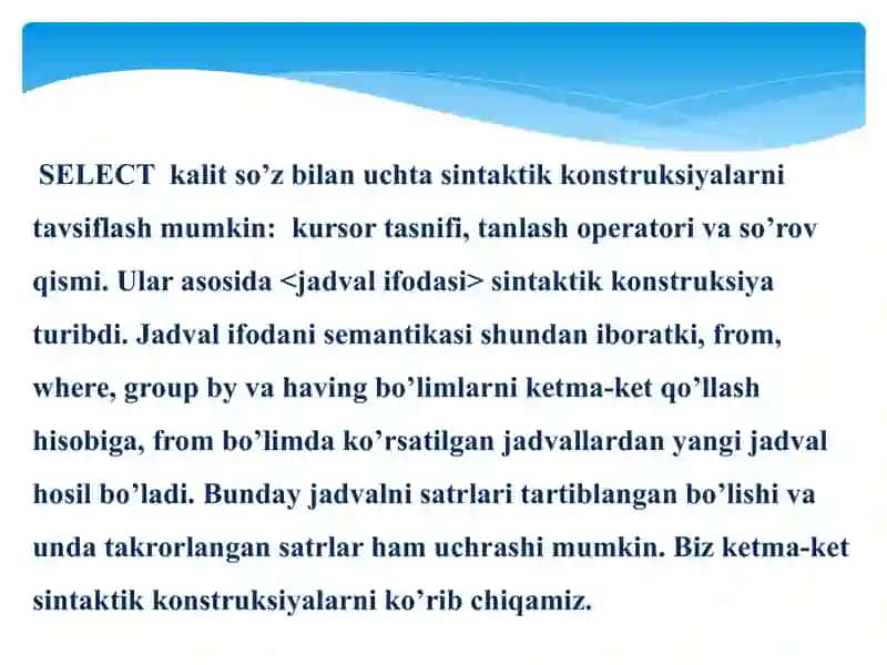 SQL serverda bazadan tanlash (select) va bazani o’chirish (drop) operatorlari 3