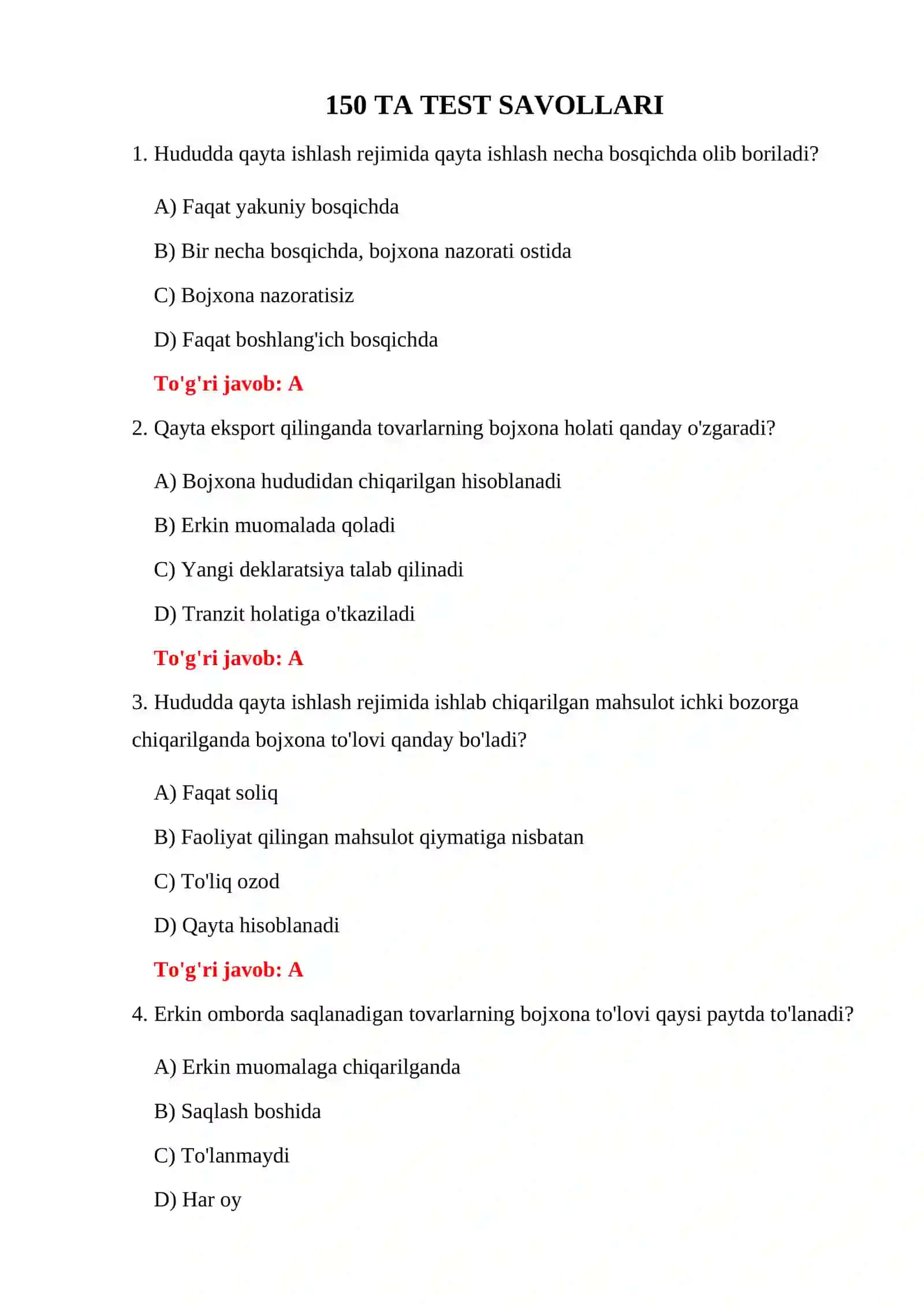 MAXSUS BOJXONA REJIMLARI TESTLARI 3