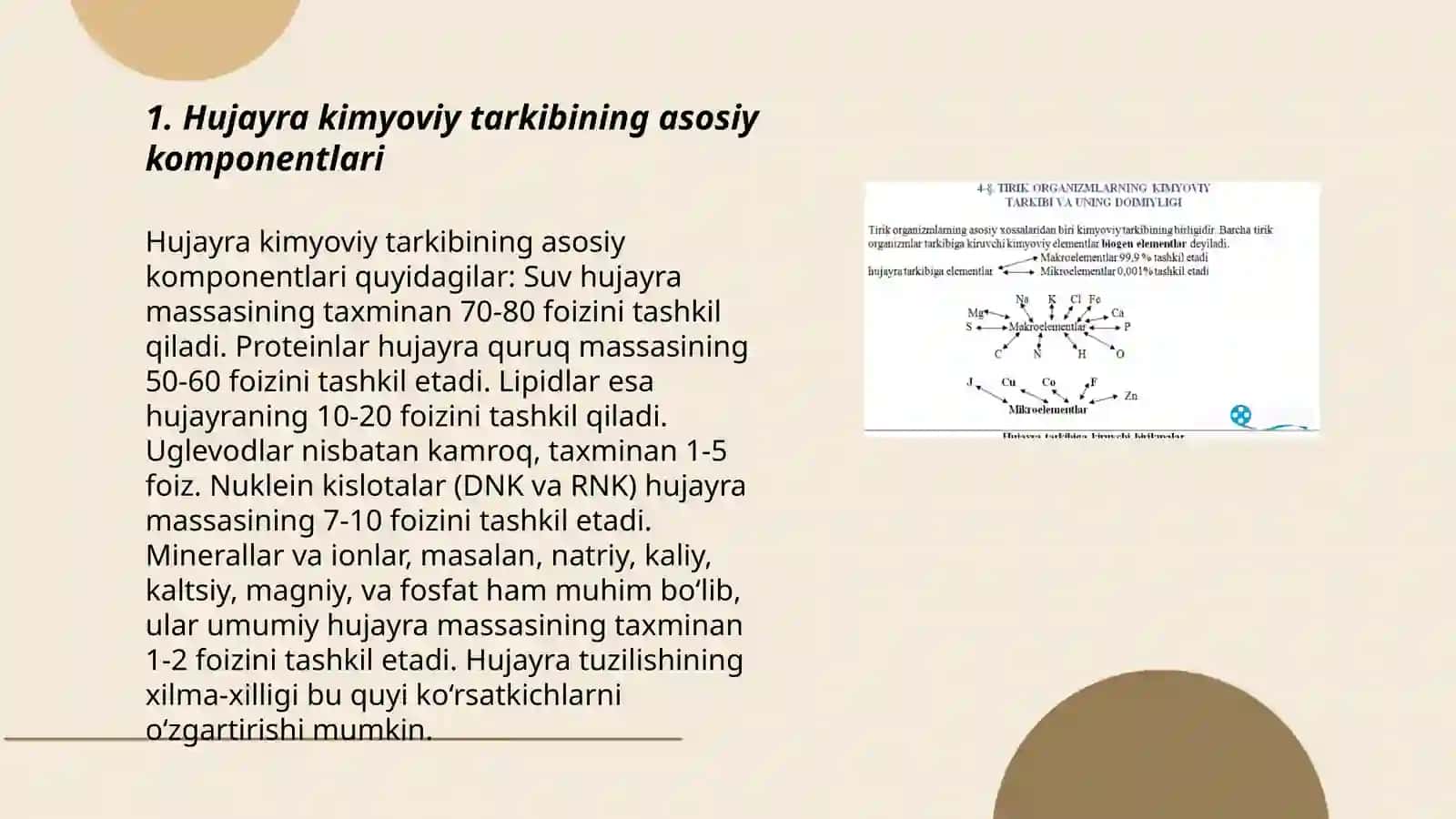 Hujayraning kimyoviy tarkibi. Asosiy zahira moddalar va ularning moddalar almashinuvidagi oʻrni 3