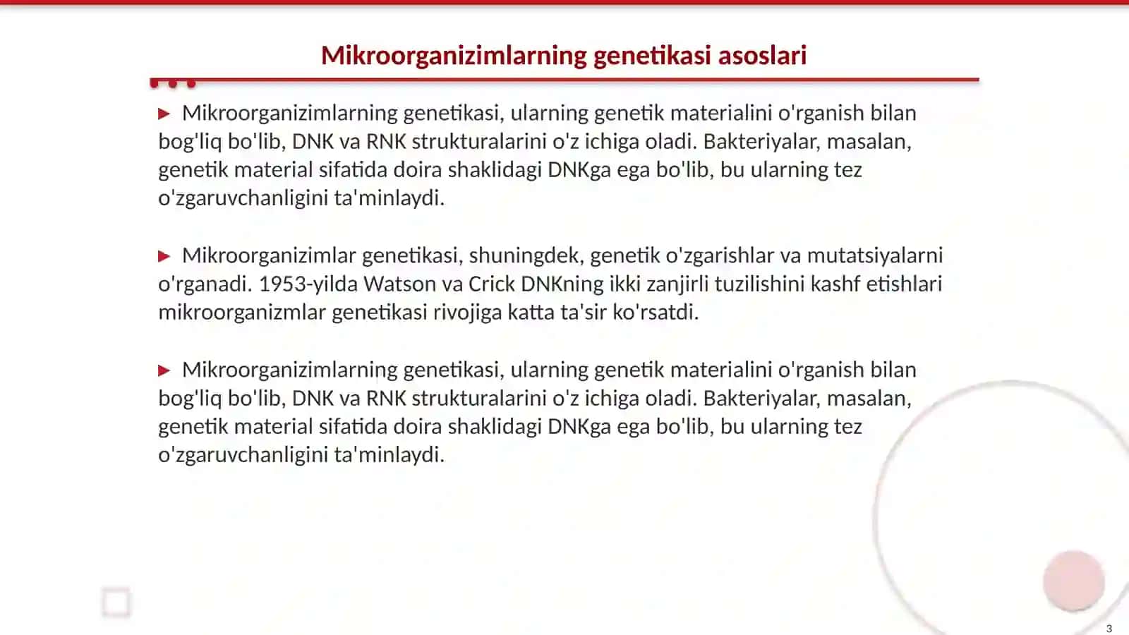 Mikroorganizimlarning genetikasi va õzgaruvchanligi 3