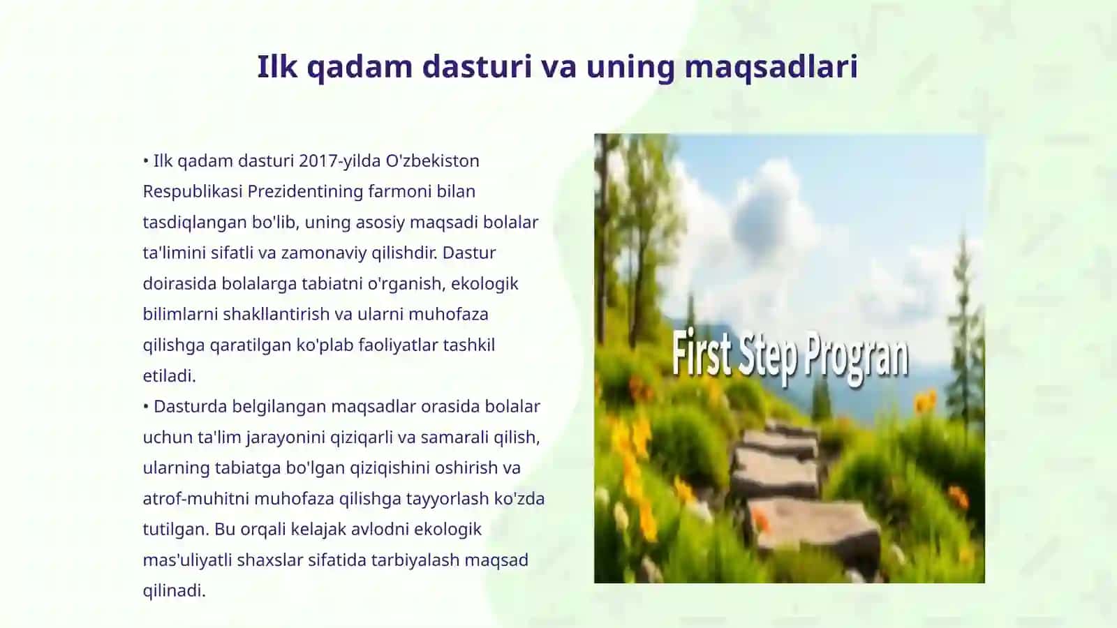 Ilk qadam davlat dasturi asosida tabiat bilan tanishtirish mazmuni 3