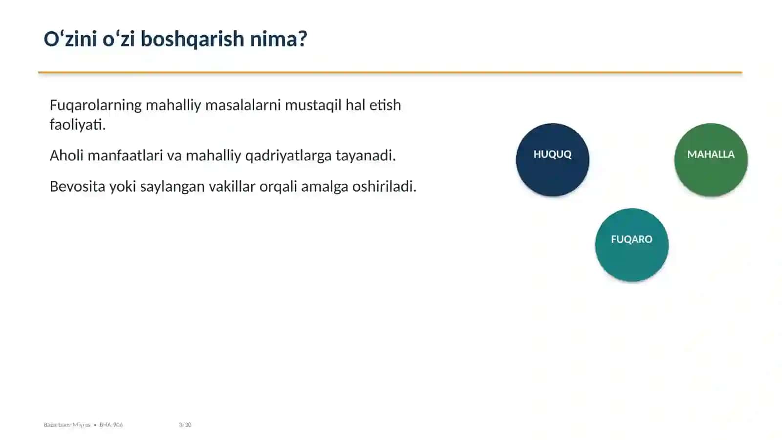 O‘ZBEKISTONNING O‘ZINI O‘ZI BOSHQARISH ORGANLARINING FAOLIYATI VA ULARNING JAMIYATNI DEMOKRATLASHTIRISHDAGI O‘RNI 3