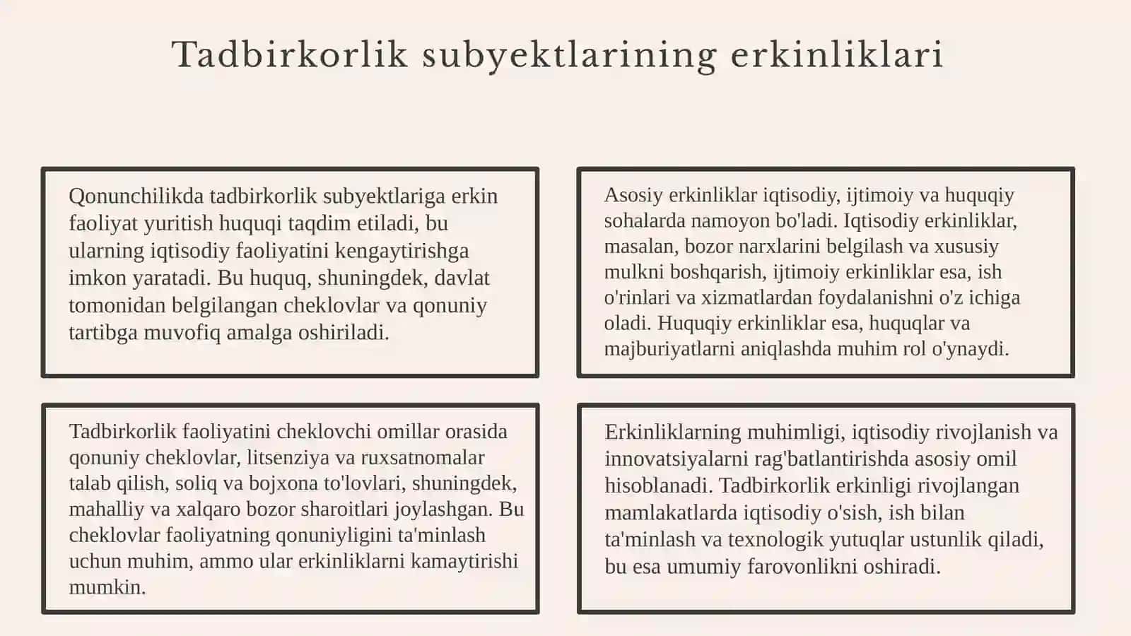 Tadbirkorlik subyektlarining qonunchilikda man etilmagan har qanday faoliyatni amalga oshirish erkinligi kafolatlari tushunchasi va turlarining o‘zaro o‘xshash hamda farqli jihatlari 3