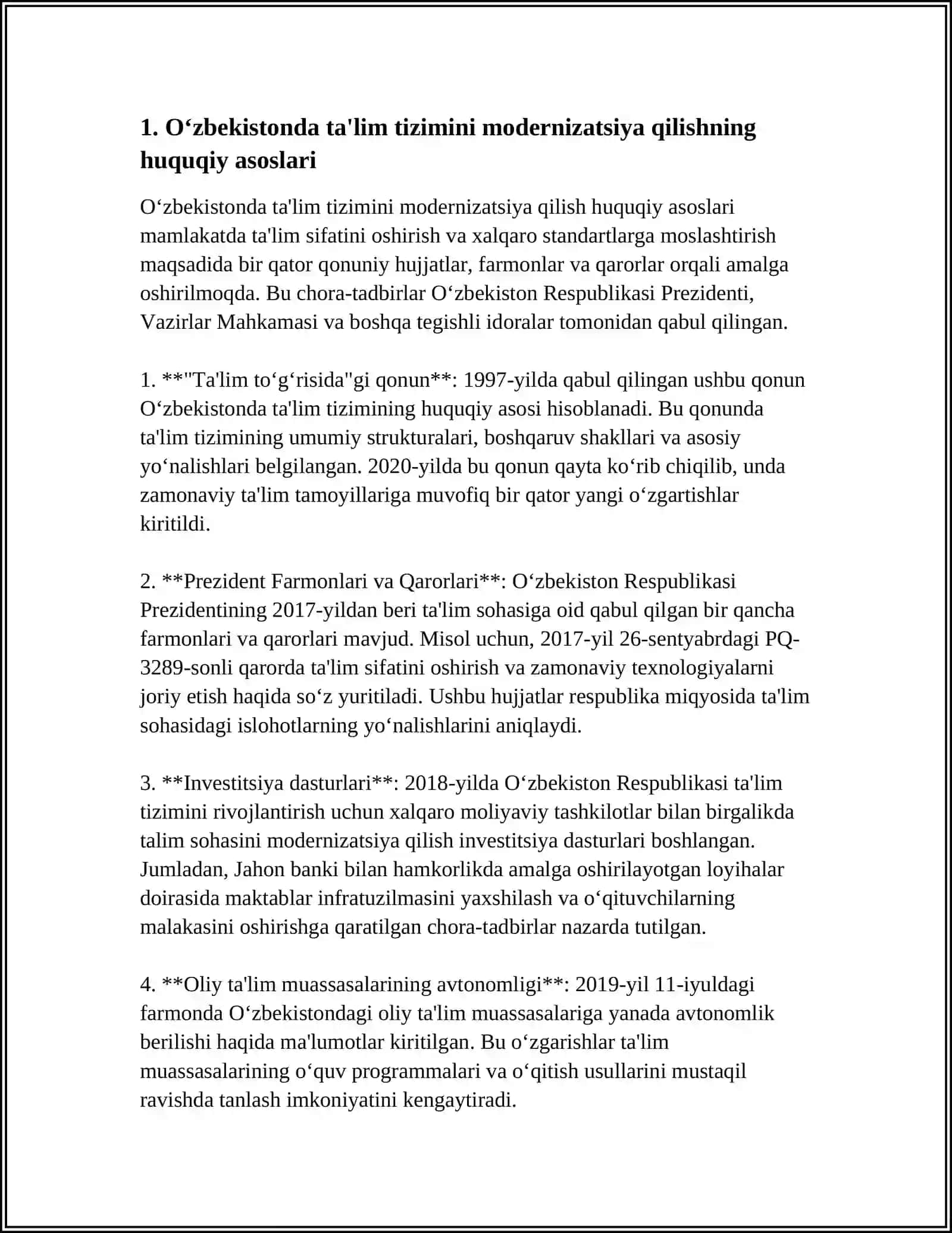 OʻZBEKISTONDA TALIM TIZIMIDA MODALIZATSIYA QILISH JARAYONI. TA'LIM TIZIMINING HUQUQIY NORMATIV ASOSLARI 3
