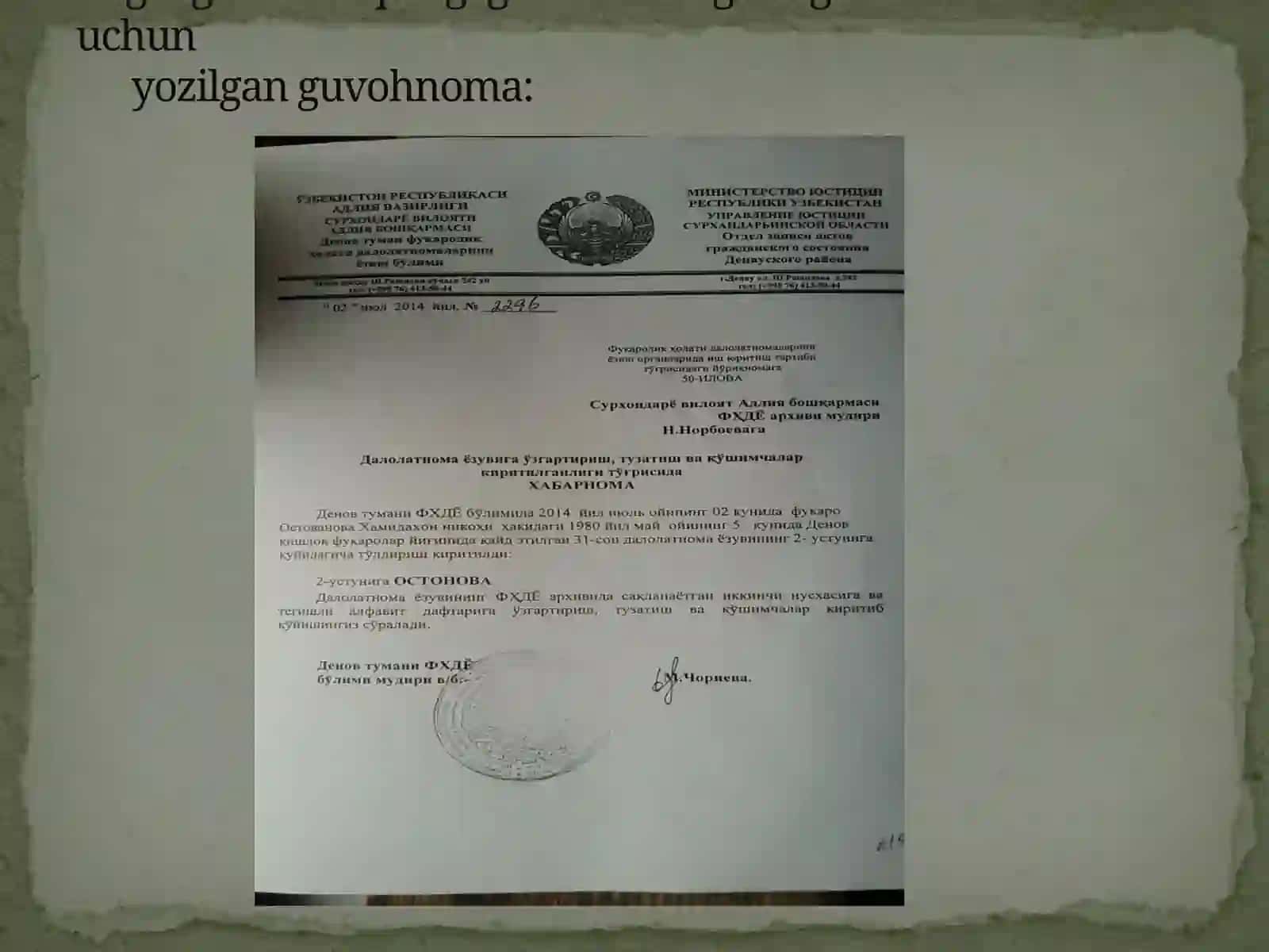 Termiz shahar fuqarolik xolatlari dalolatlarini yozish arxivi 3