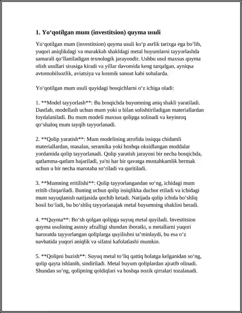 Yo‘qotilgan mum (investitsion) quyma usuli 3