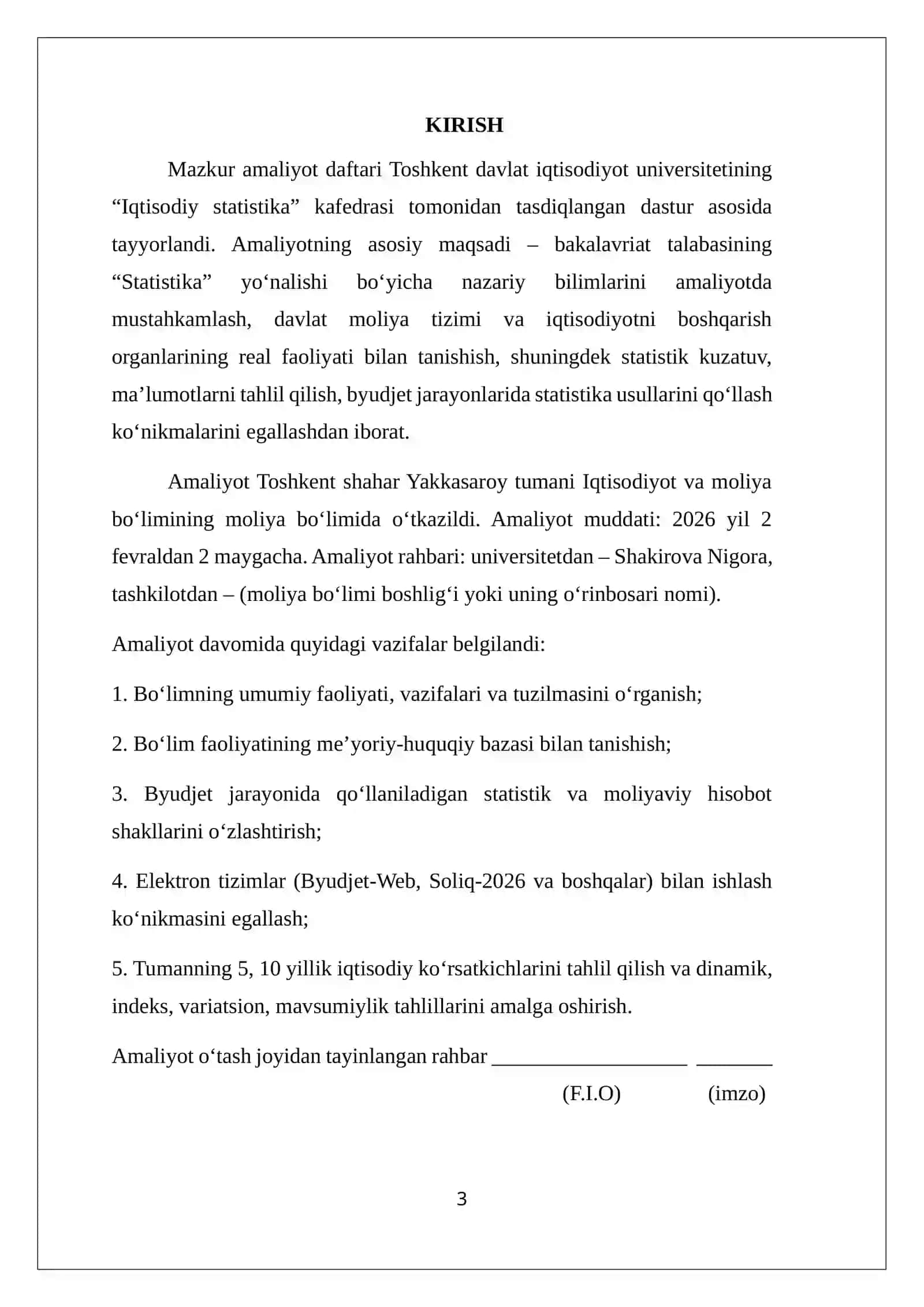 AMALIYOT HISOBOTI. Toshkent shahar Yakkasaroy tumani iqtisodiyot va moliya boʻlimi. 13 ta mavzu b.n 3