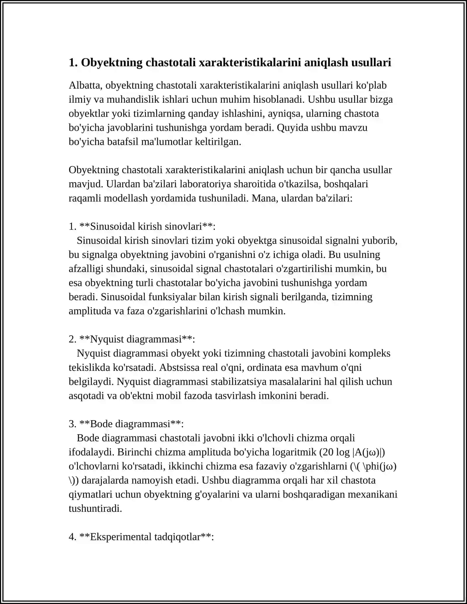 OBYEKTNING CHASTOTALI XARAKTERISTIKALARI BO‘YICHA UZATISH FUNKSIYASINI ANIQLASH 3
