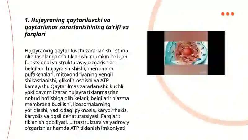 Hurayraning qaytar va qaytmas zararlanishi.Hujayraning zararlanishi va nobud boʻlishi:sabablari rivojlanish mexanizmi,marfologiyasi.Apoptoz.Hujayra qarishi. 3