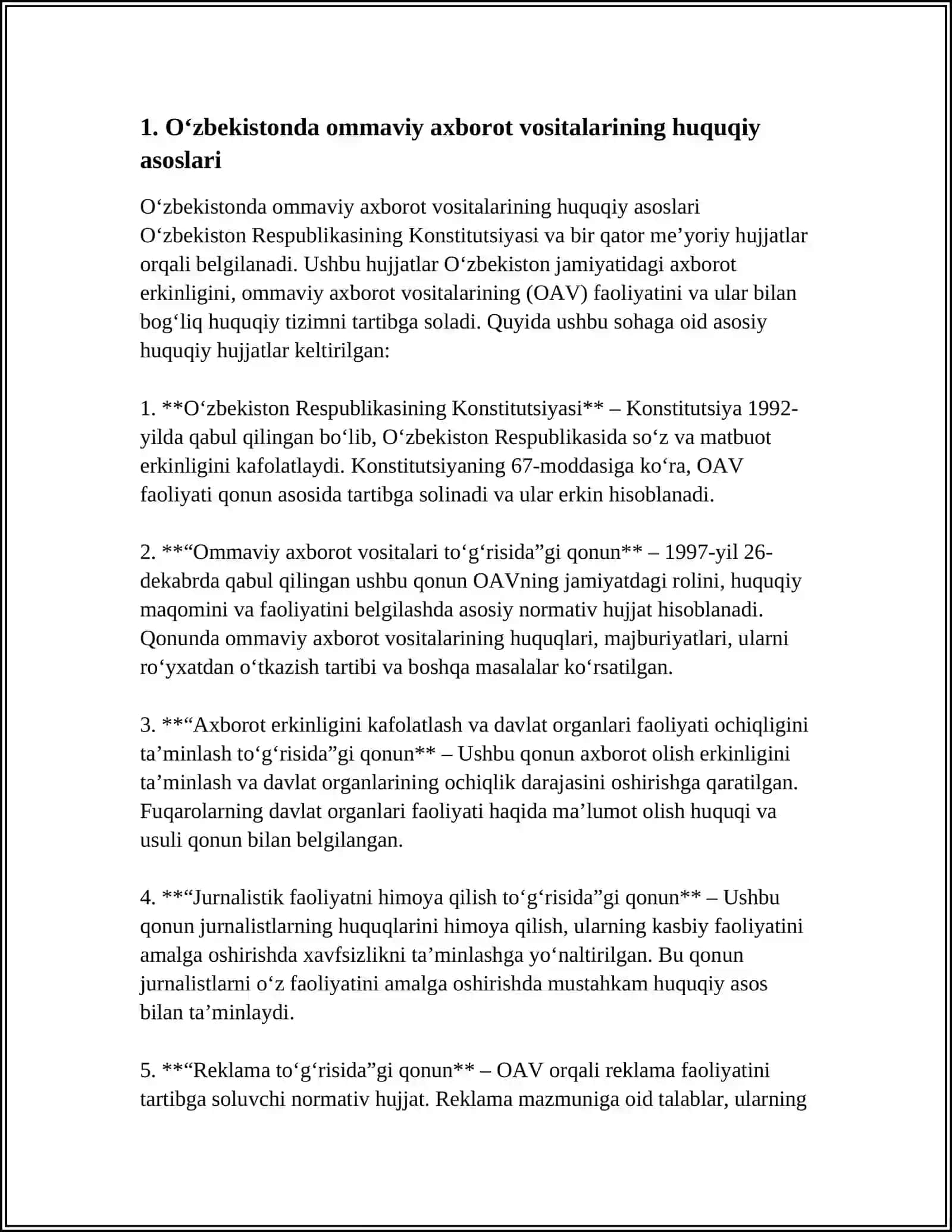 MUSTAQIL ISH Mavzu: OʻZBEKISTON RESPUBLIKASIDA OMMAVIY AXBOROT VOSITALARINING FAOLIYATI 3