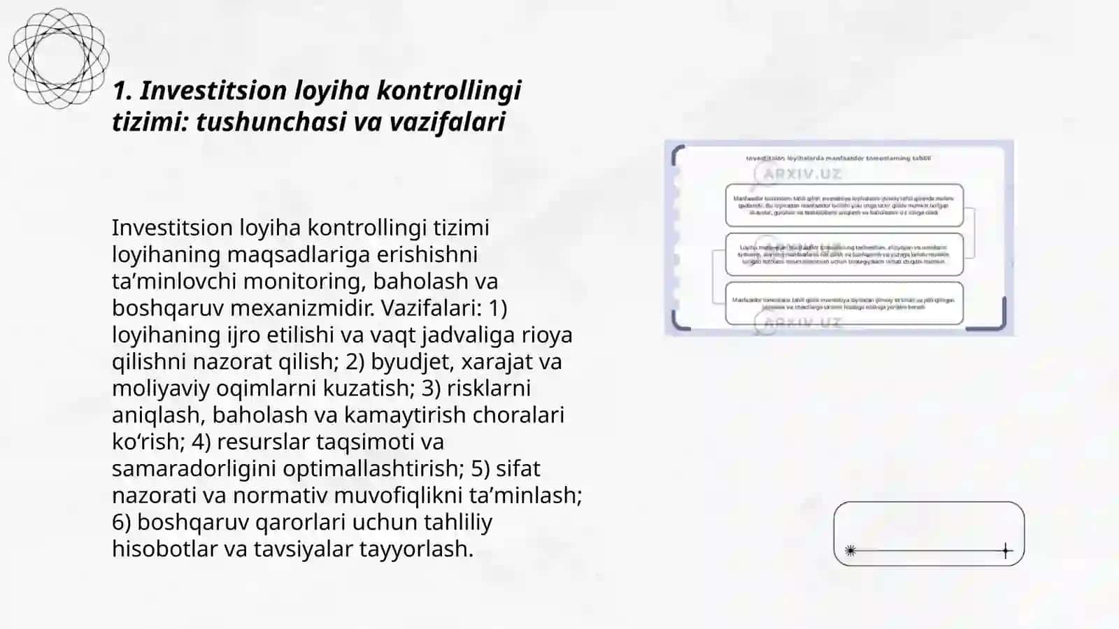 Investitsion loyiha kontrollingi tizimida hisobotlar. Hisobotlarning turlari. Qarorlar qabul qilish uchun boshqaruv (menedjerlik) hisobotlari 3