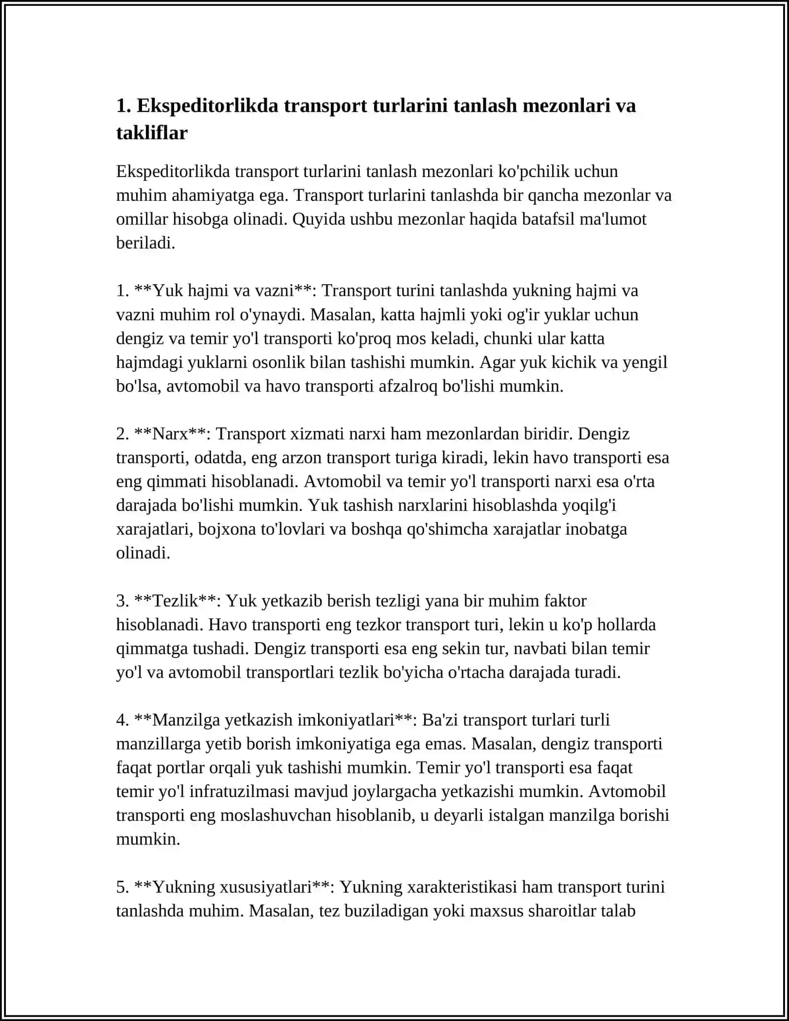 EKSPЕDITОRLIKDА TRАNSPОRT TURLАRINI TАNLАSHDAGI TAKLIF VA TAVFSIYALARNI ISHLAB CHIQISH 3