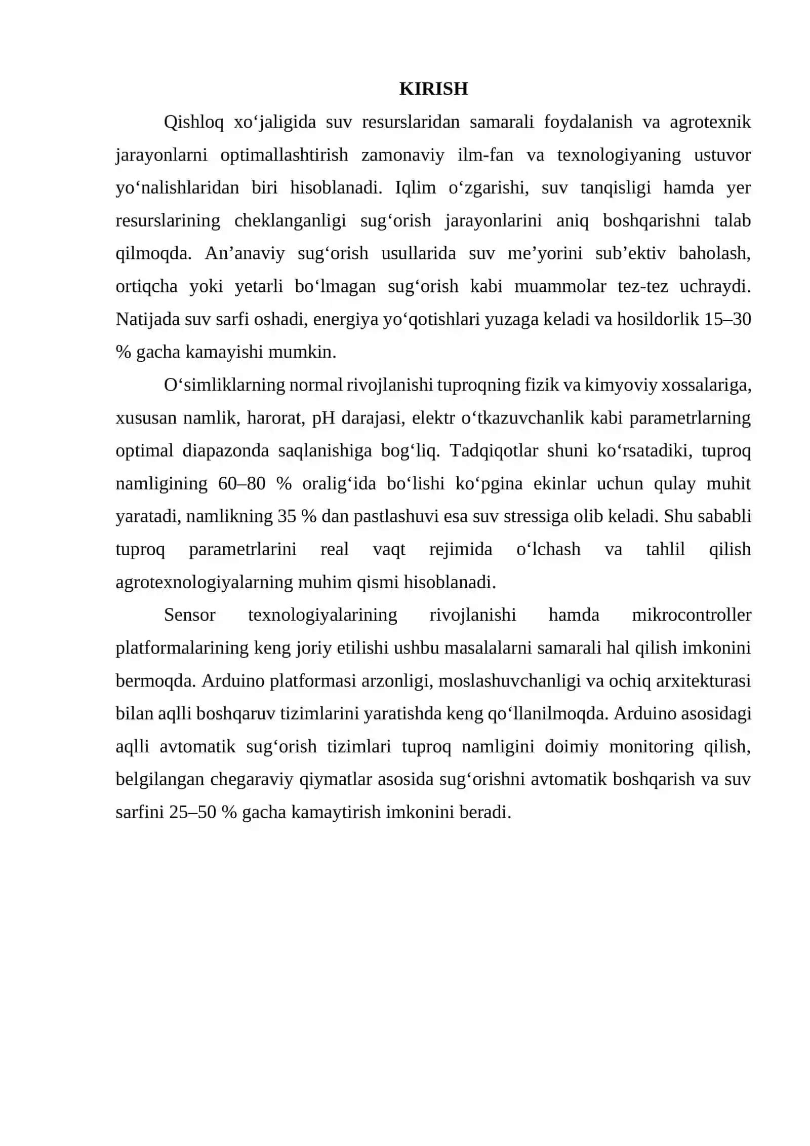 Namlik va tuproq parametrlarini o‘lchash nazariyasi. Arduino da aqlli avtomatik sug‘orish tizimi. 3