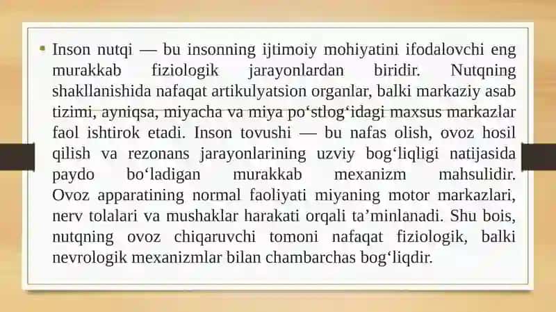 Ovoz boʻlimining tuzilishi, faoliyati va nevrologik asoslari. Nutqning ovoz chiqaruvchi tomonining shakllanishida miyachaning roli. 3