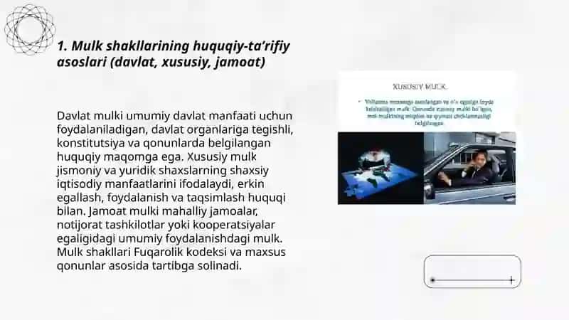 O‘ZBEKISTONDA AMAL QILAYOTGAN MULK SHAKLLARI MULKOBYEKTLARI, SUBYEKTLARI, MULKNI DAVLAT TASARRUFIDANCHIQARISH VA XUSUSIYLASHTIRISHNING MAQSADI YO‘LLARI VAUSULLAR 3