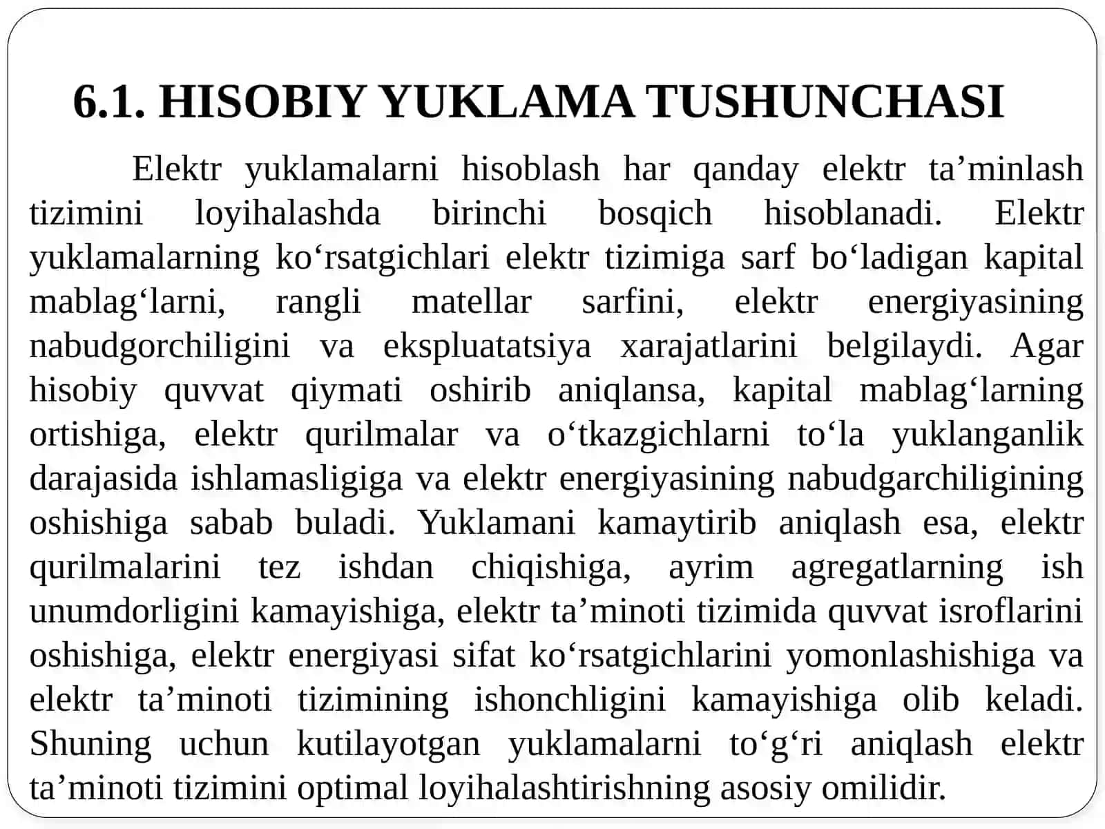 ELEKTR TA’MINOTI TIZIMIDA HISOBIY YUKLAMA VA U ANIQLANADIGAN XARAKTERLI NUQTALAR 3